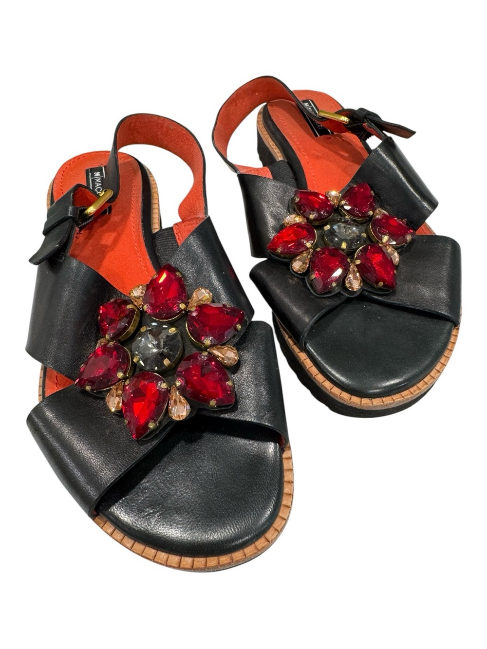 M MACCARI black leather sandals with red, amber & taupe stones on toe, 38,